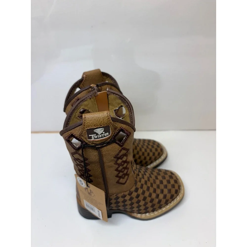 Twister Toddler Brown Woven Checkerboard Square Toe Cowboy Boots 443000292-05 5